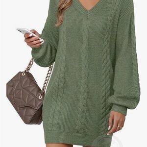 V-Neck Cable Knit Sweater Dress - Green